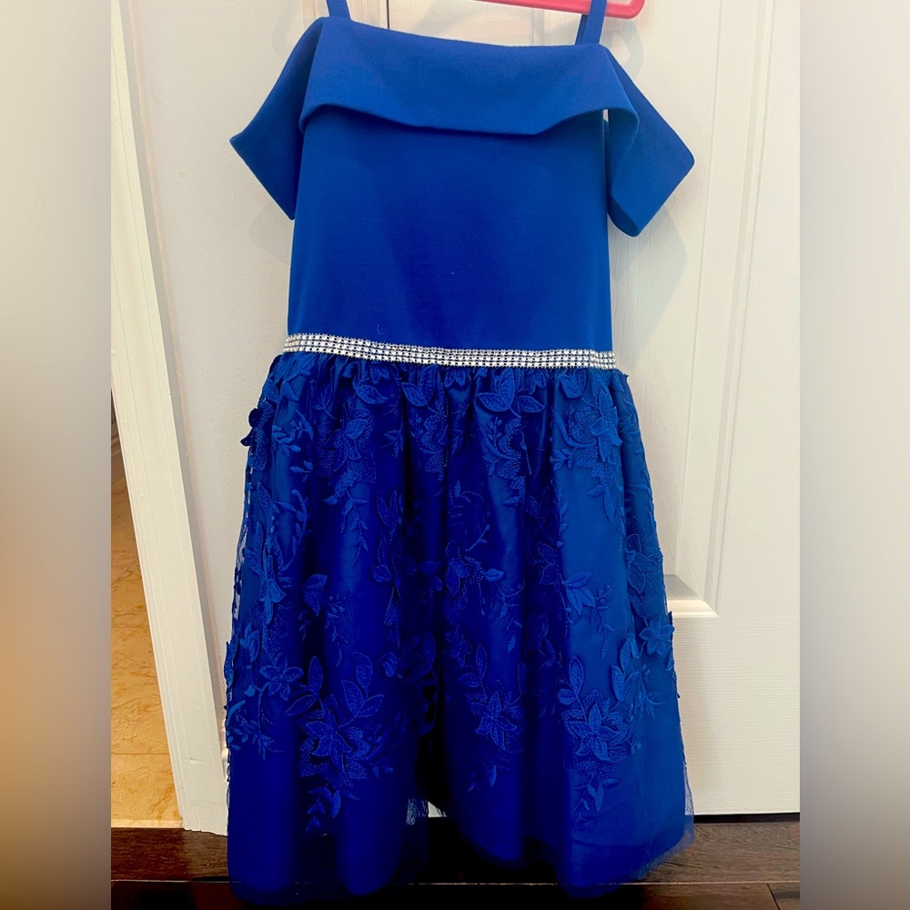 Girls royal blue dressy dress size 10 with flower and stones detail